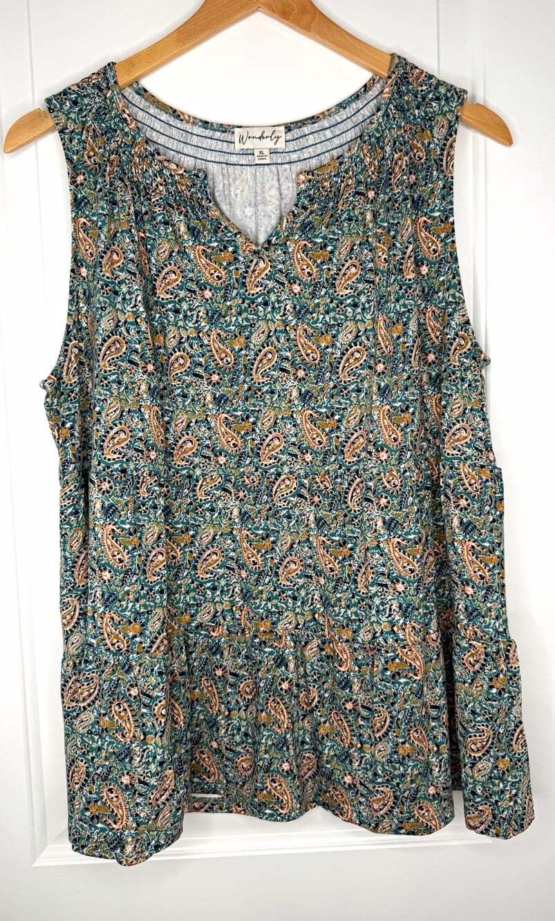 Wonderly Women’s Knit Paisley Sleeveless V-Neck Pullover Top, XL, Green/Tan
